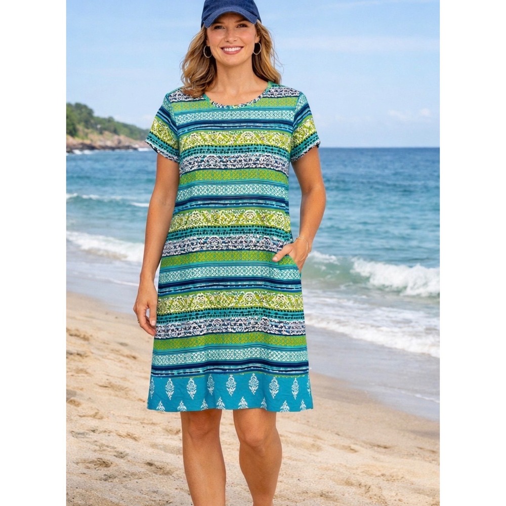 Lands End M/L Womens Multicolor Striped Dress Resort Vacation Tropical Beachy